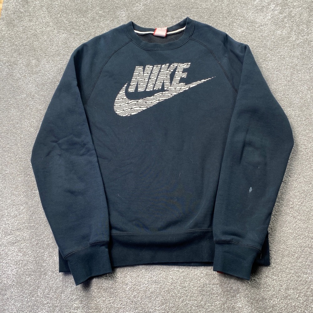 Nike Sweatshirt Adult Med Black Graphic Logo Raglan Crewneck Fleece Zebra